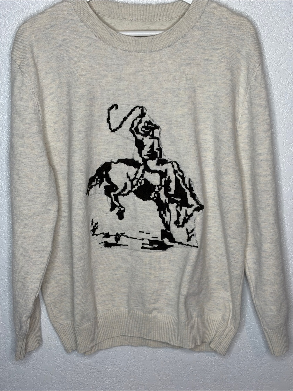 Heathered Cream Roping Cowboy Crew Sweater Size XL Western Horses Rodeo - Picture 2 of 7